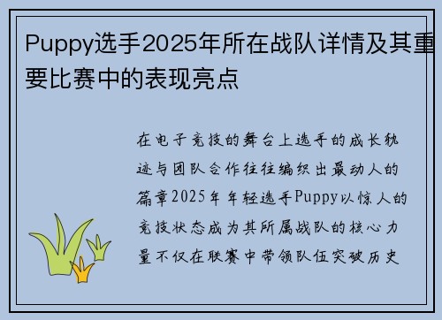 Puppy选手2025年所在战队详情及其重要比赛中的表现亮点