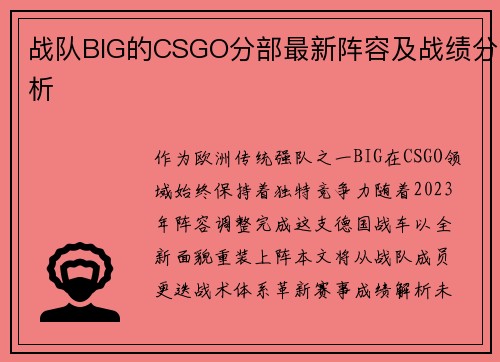 战队BIG的CSGO分部最新阵容及战绩分析