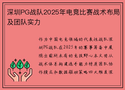 深圳PG战队2025年电竞比赛战术布局及团队实力